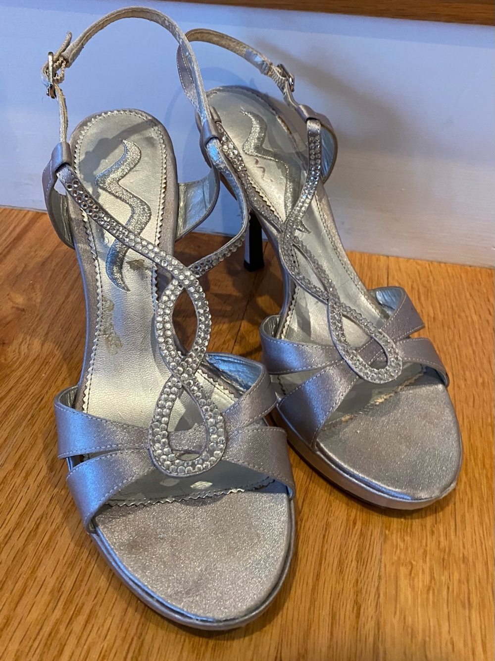 Nina Silver Rhinestone T-Strap Heeled Sandals